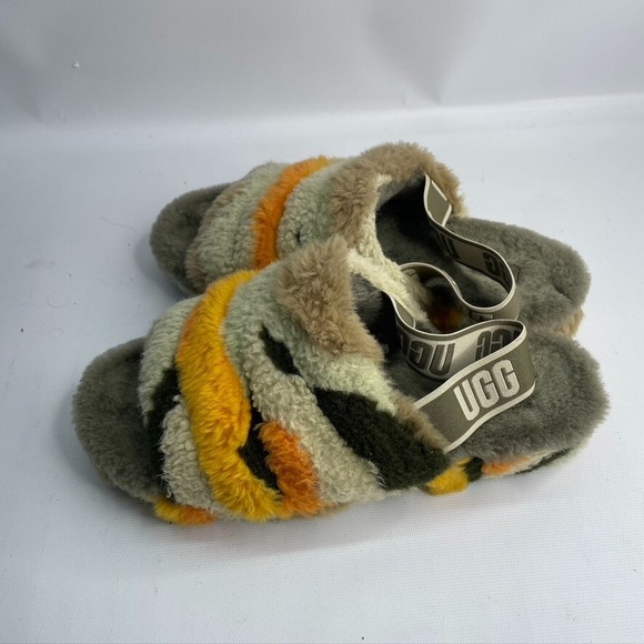 UGG Fluff Yeah Slide Cali Collage Sheepskin Sandals Womens‎ Sz 10 Elastic Strap - Picture 3 of 6